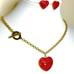 Heart Necklace & Earrings Matching Set Red Gold F01